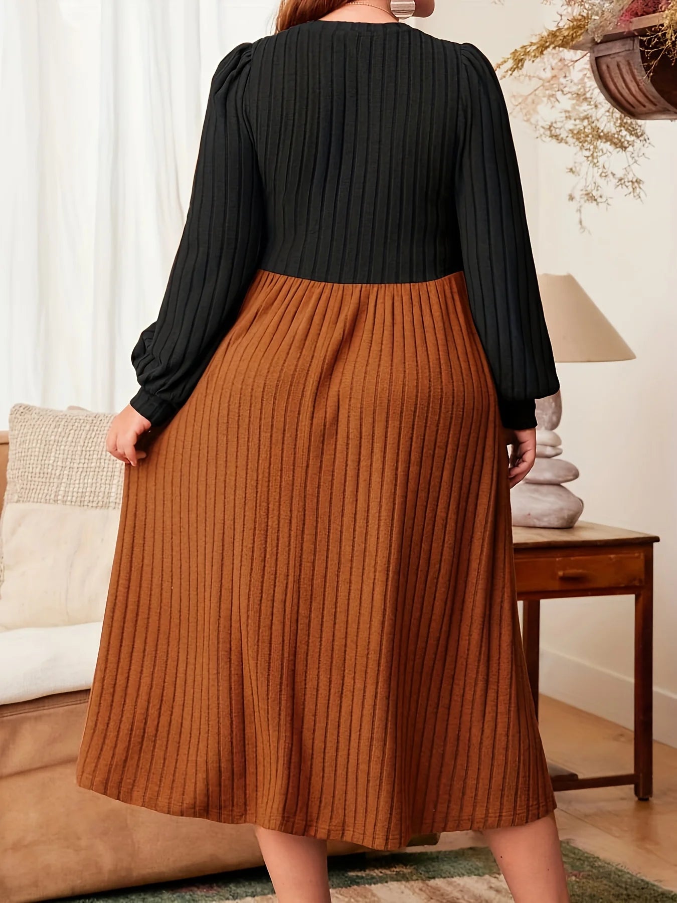 Autumn and winter style large size contrast color stitching long skirt round neck long sleeves slimming and elegant dress