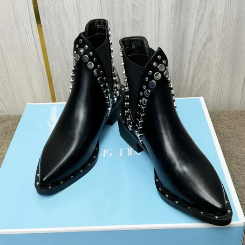 2025New Womens Ankle Boots Sexy Pointed Toe Punk Style Rivet-decorated Women's Knight Boots Winter Warm and Fashion Short Boots