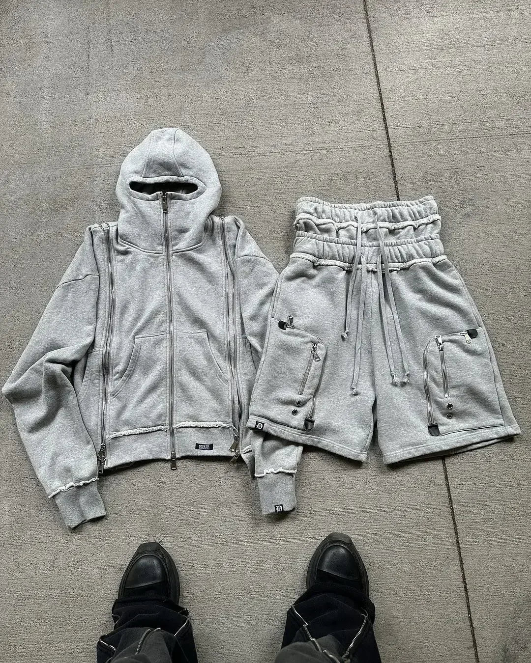 Black Hip Hop Men Zipper Hooded Sweatshirt Double-Waist Zipper Suit American Vintage Retro Fashion New Trend Streetwear