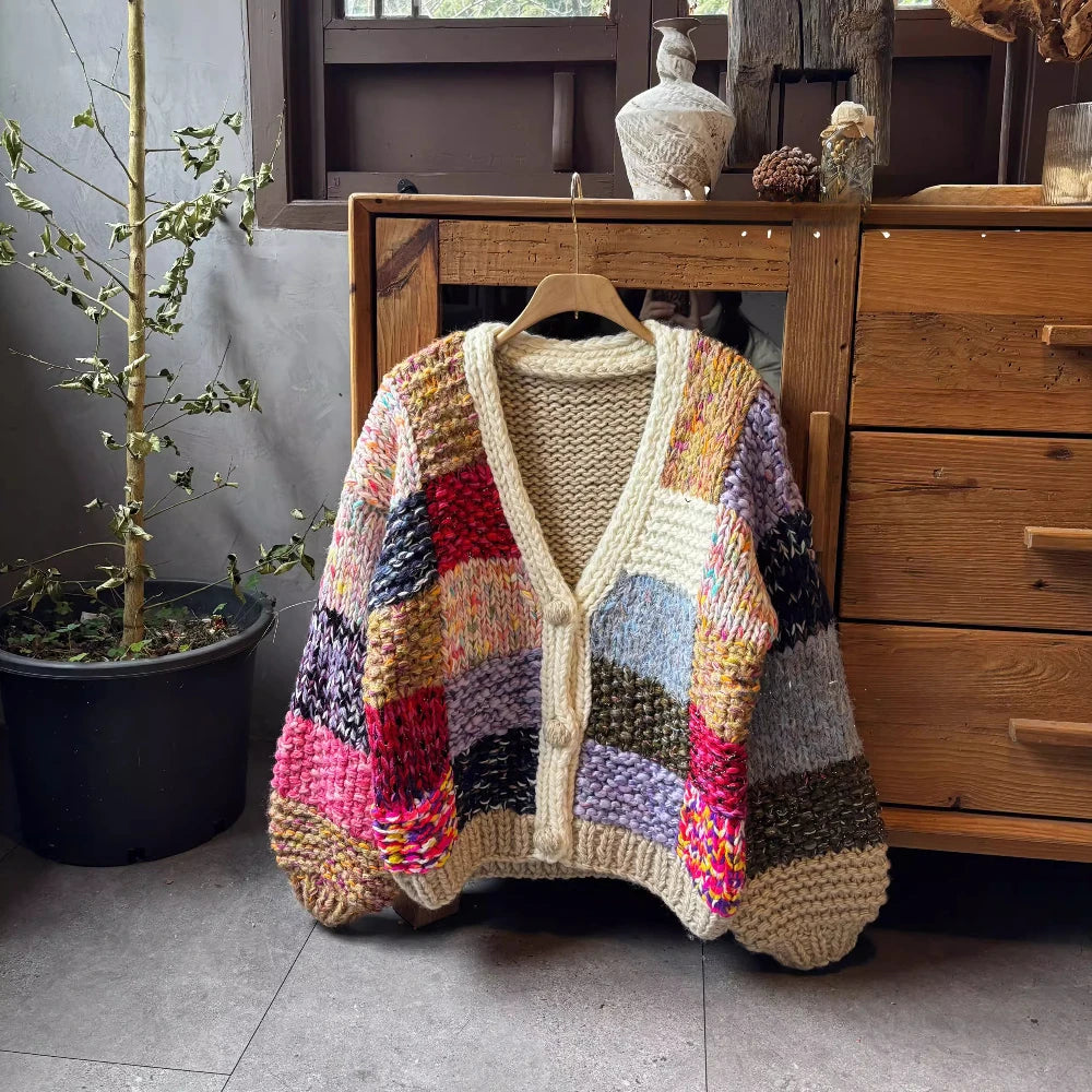 2025 Early Spring Handmade Chunky Knit Patchwork Plaid Cardigan Button Front Vintage Loose Knit Sweater Jacket for Women