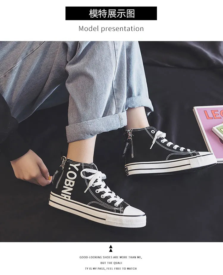Fashion Purple Womens Canvas Shoes Spring and Autumn High Top Woman Shoes Zipper Breathable Canvas Sneakers Women Vulcanize Shoe