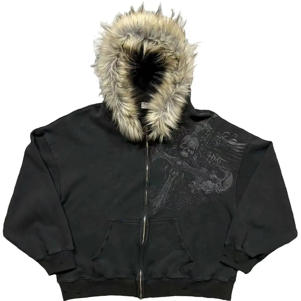 Gothic Harajuku Retro Skull Zipper Hoodie Men Streetwear Y2K Fur Collar Jacket Trendy Hip Hop Casual Oversized Sweatshirt Women