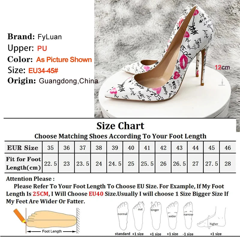 New Fashion White Artistic Graffiti Print Pointed Toe High Heel Shoes 8-12CM Women Sexy Stiletto Party Dress Shoes Plus Size 45