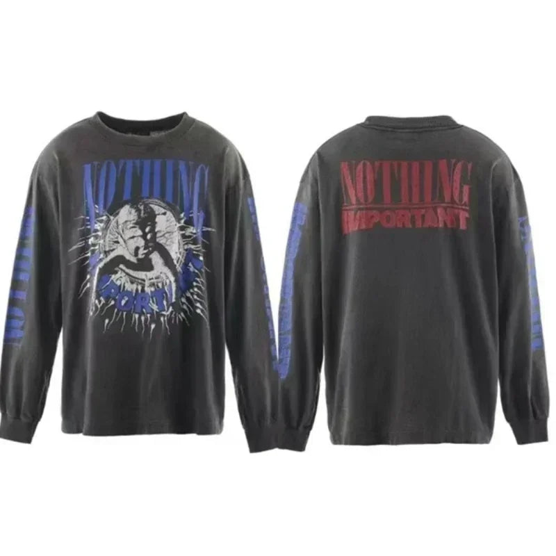 25SS Pure Cotton Saint Michael Long Sleeved T Shirts Men Women 1:1 Washed Black Manga Character Print Hoodies