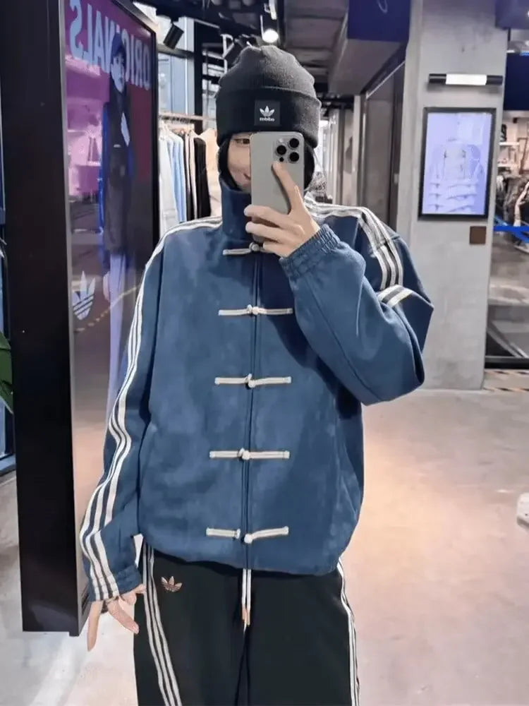 New Chinese Style Baseball Jacket with Button Design for Men And Women Spring Autumn Stand Collar Sporty Open Cardigan
