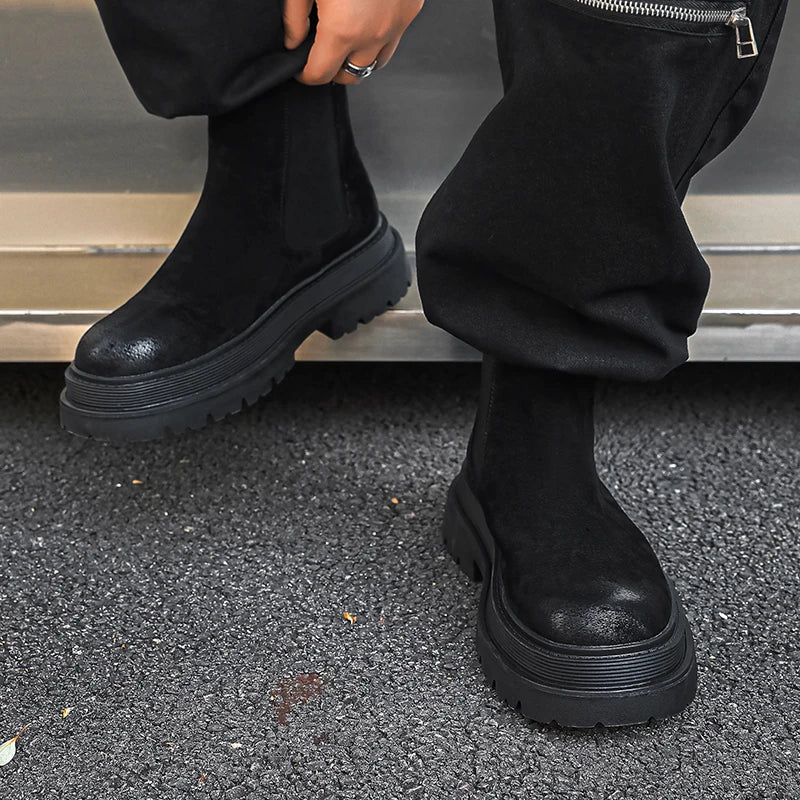 large size men casual party nightclub high chelsea boots slip-on cow suede leather shoes cowboy platform boot autumn winter bota