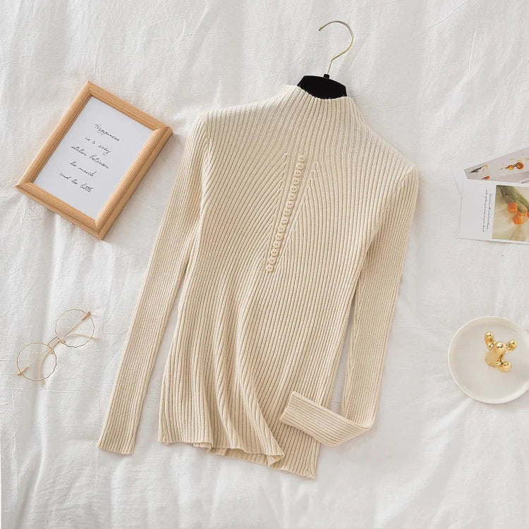 Women Turtleneck Pullovers Autumn Winter Jumper Knitted Basic Top Fashion Solid Color with Button Long Sleeve Ladies Sweater
