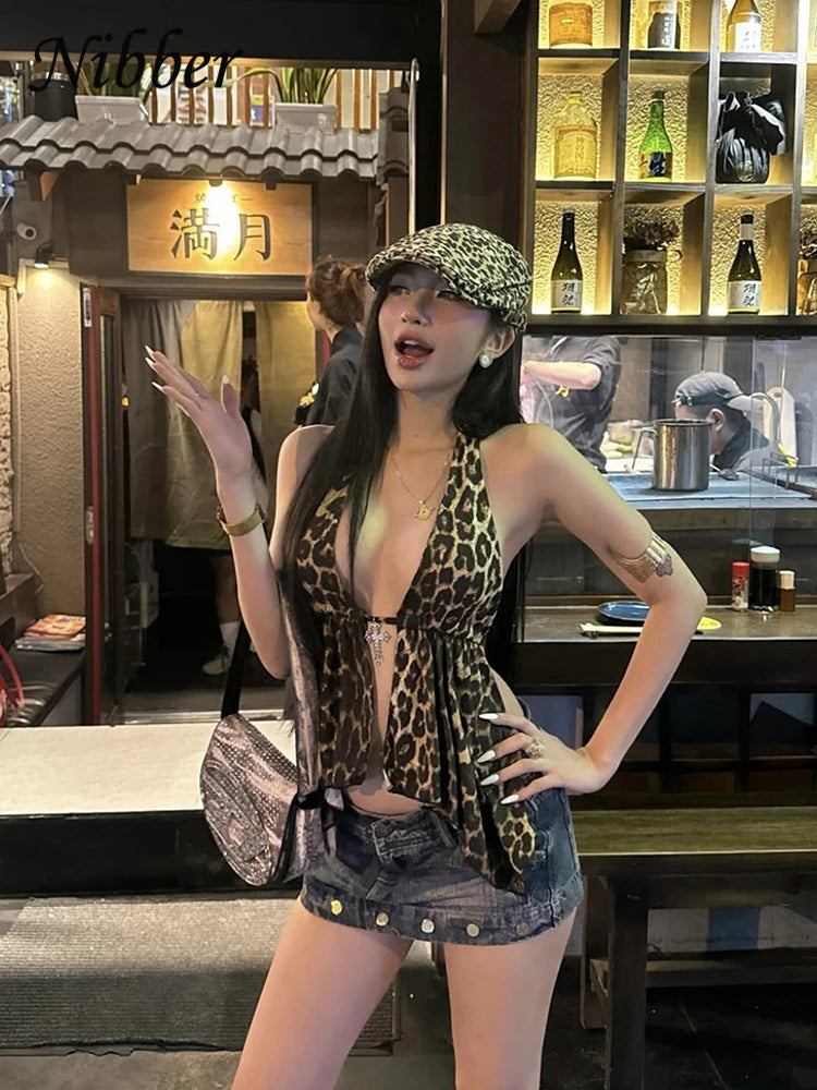 Nibber Sexy Women Midnight Halter Camisole Leopard Print Chic Y2K Hottie Summer Backless Sleeveless Wild Streetwear Beach Vest