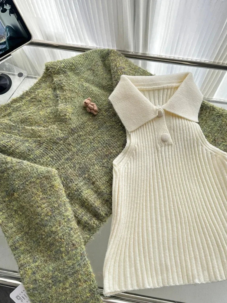 Autumn Winter Korean Cute Knitt 3 Piece Set Women Y2k Outfits Long Sleeve Crop Sweater + Knit Lapel Tank Tops + Mini Plaid Skirt