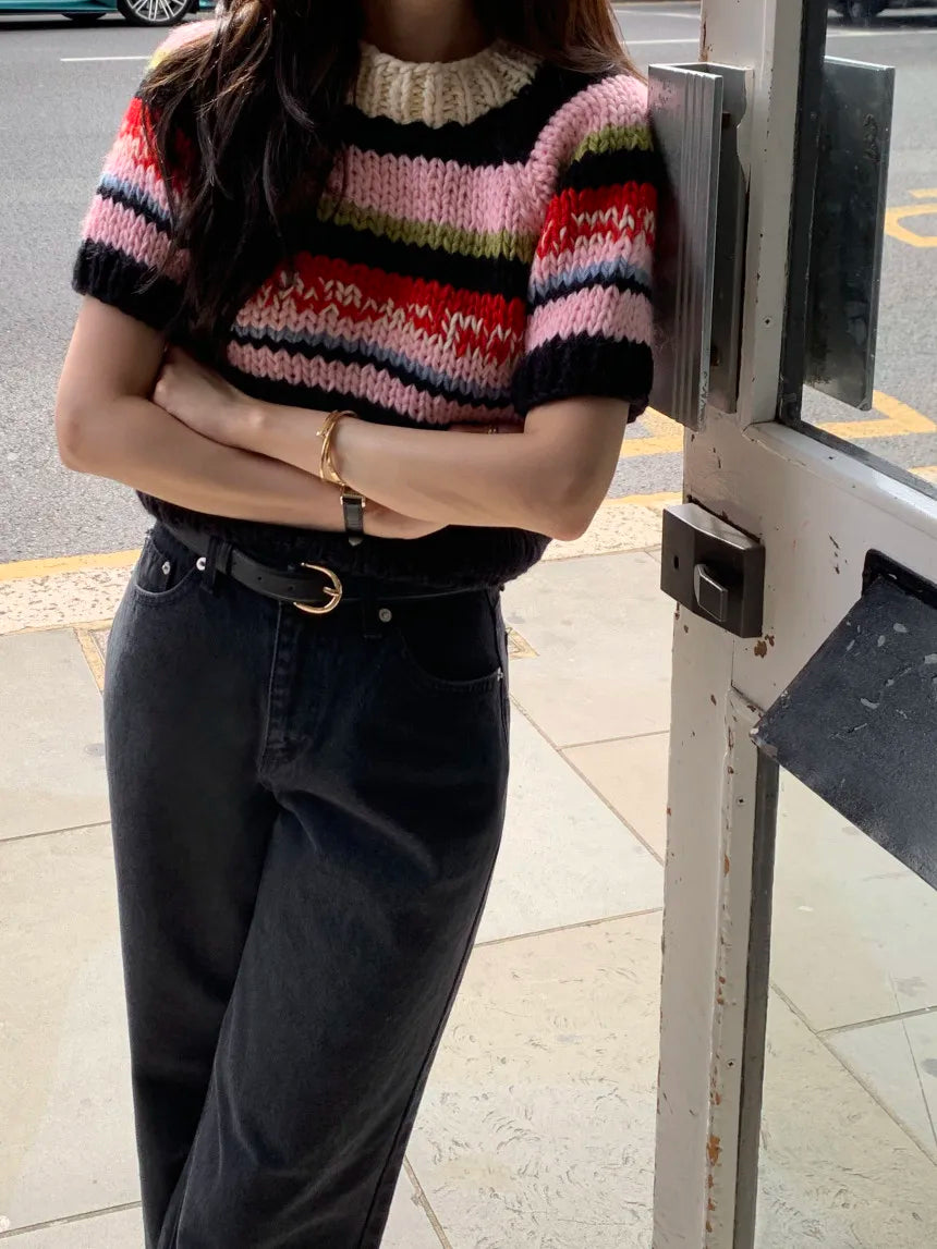 Chic Vintage Heavyweight Knitted Loose ort Sve Striped Sweater for Women Summer Collection oulder Sve
