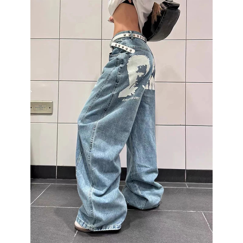 Autumn Women's Blue Y2k Baggy Jeans Harajuku Vintage Printing Denim Trousers Japanese 2000s Style Jeans Pants Oversize Clothes
