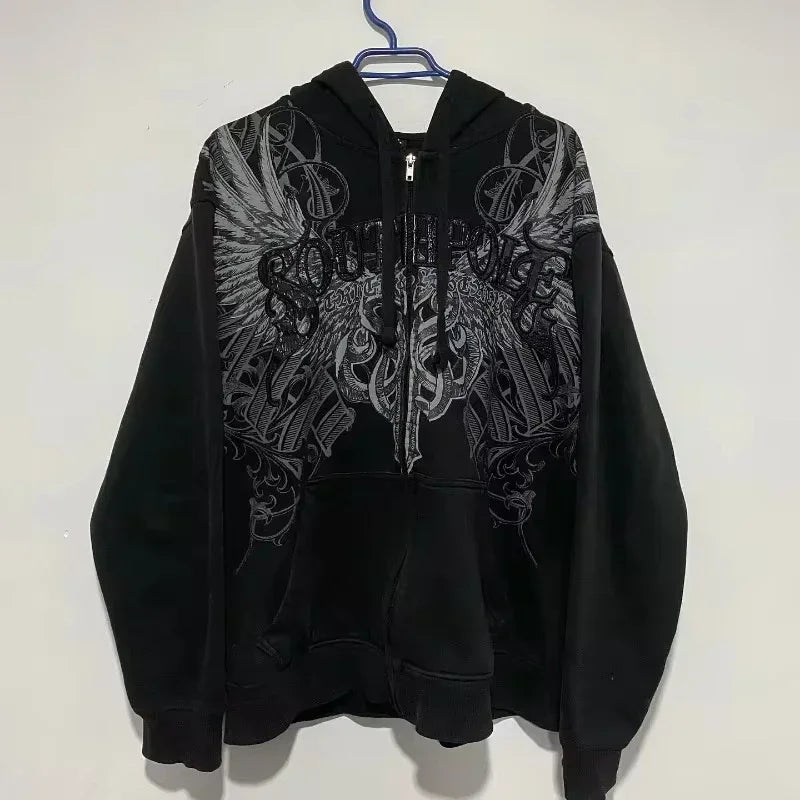American New Fashion Oversized Print Zipper Hoodie Women Y2K Gothic Harajuku Hip-hop Popular Casual Joker Hoodies Tops