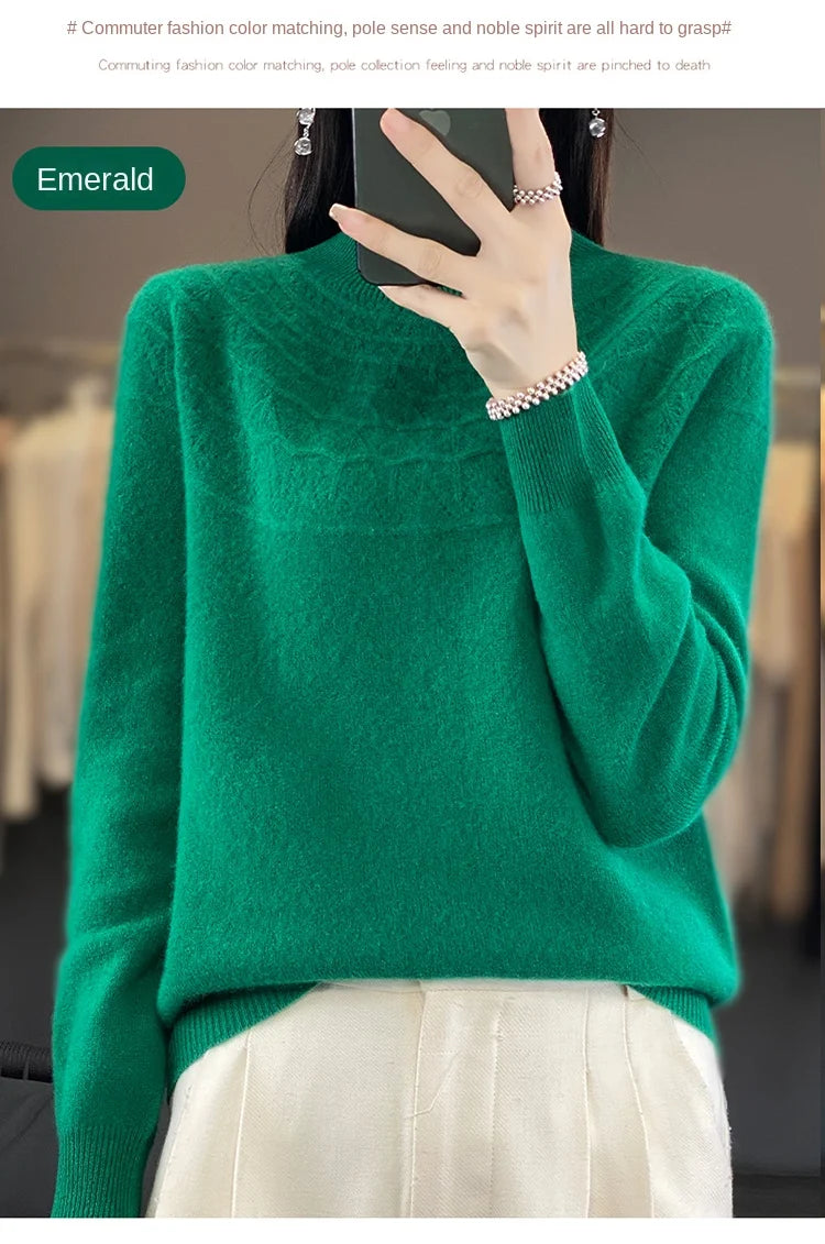 2024 New Line Of Garment Hollowed Out Half Height Women's High-grade Woolen Sweater 100% Pure Wool Multi-color Option WQ