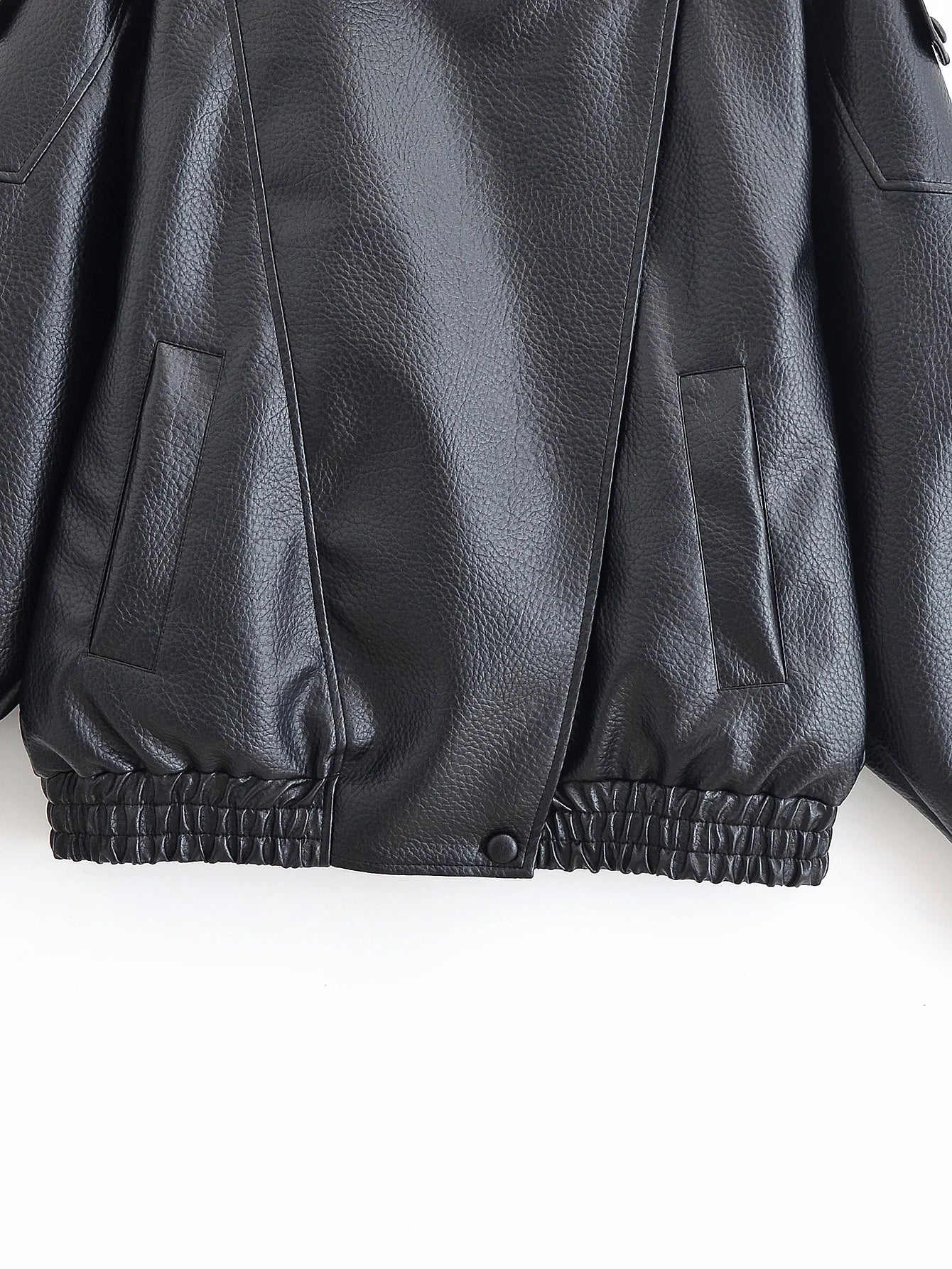HH 2025 Autumn Women Pu Leather Jacket Vintage Solid Loose Long Sleeve Zipper Turtleneck Coat Casual Office Lady Outerwear