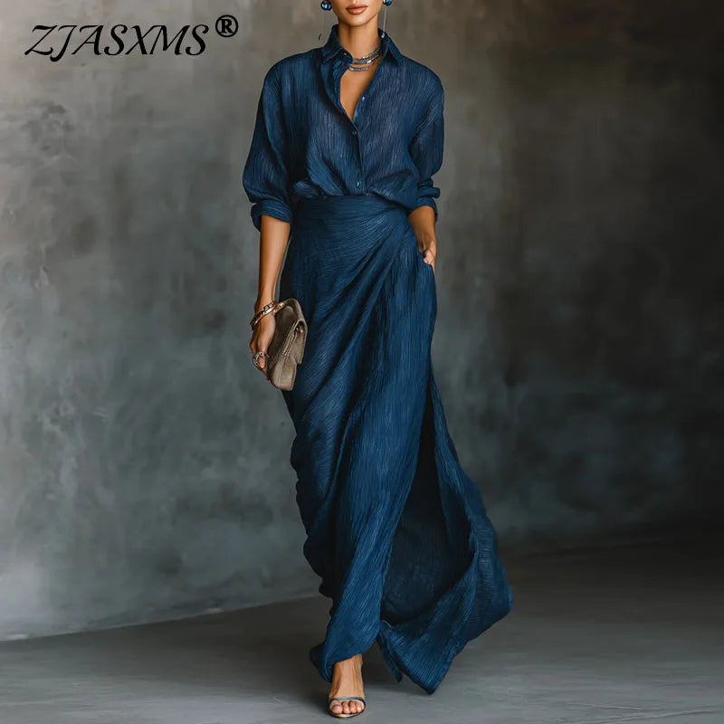 Autumn Long Sleeve Sexy Outfits Women Elegant Polo Neck Button Shirt & Pleated Skirt Set Fashion Solid Irregular 2pcs Suit Mujer