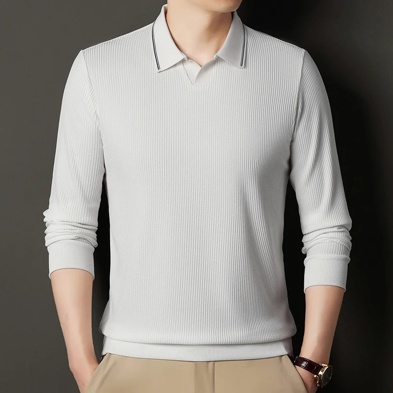 Spring and Autumn men's long sleeved T-shirt, polo shirt, casual trend, casual solid color, V-neck elastic, no heat T-shirt