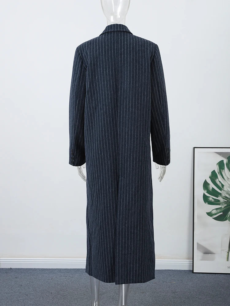 Casual Stripe Long Coat Women's Stylish V-neck Double-breasted Blazer With Shoulder Pad 2025 New Autumn Winter Ladies Outwear