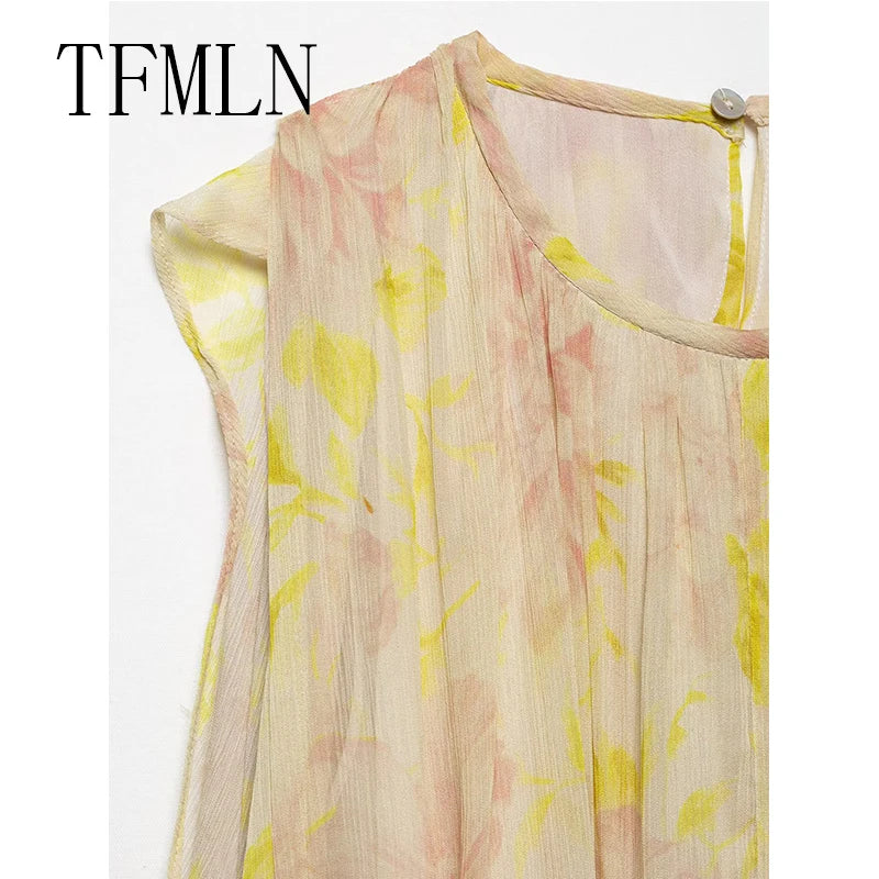 TFMLN Summer Luxury High-End Women Shirt 2025 New Puff Sleeve Chiffon Blouse Back Button Fashionable Feel Beach StylePrint Tops