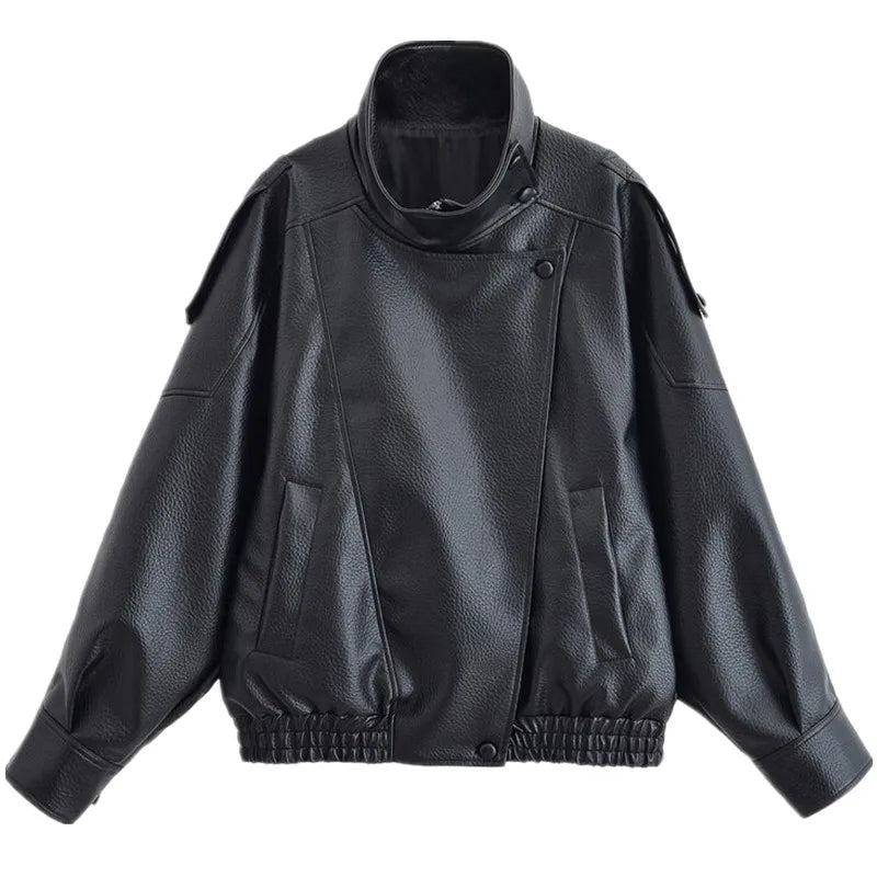 Loose Design Women's Leather Jaet Lychee Pattern ort Outerwear Autumn New Sle European Sle Ladies Faion 2025