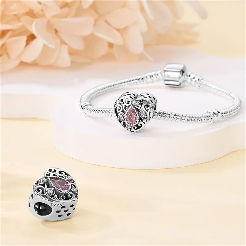 925 Sterling Silver Classic Retro Lotus Heart-Shaped Charms Beads Fit Original Pandach Bracelets Fine DIY Anniversary Jewelry