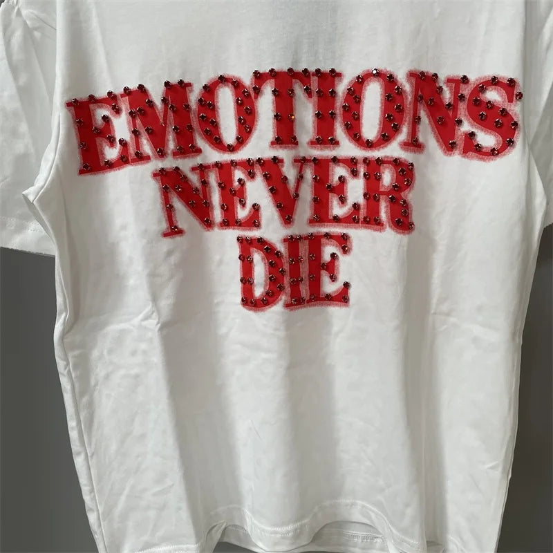 Oversized MIXED EMOTION White T-Shirts Men Women Pure Cotton Casual Red Hot Drill Letters Tshirts