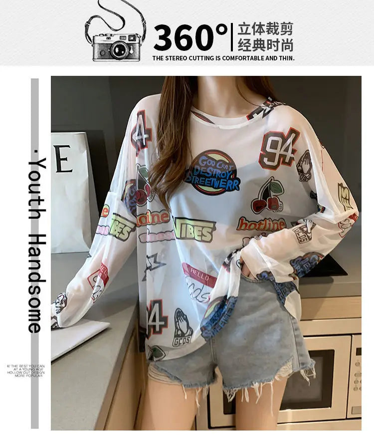 Women Letter Graphic Print Sexy Sheer Mesh Harajuku Y2K T Shirt Summer Trendy Long Sleeve Thin Tees Casual Streetwear Tops Ropa