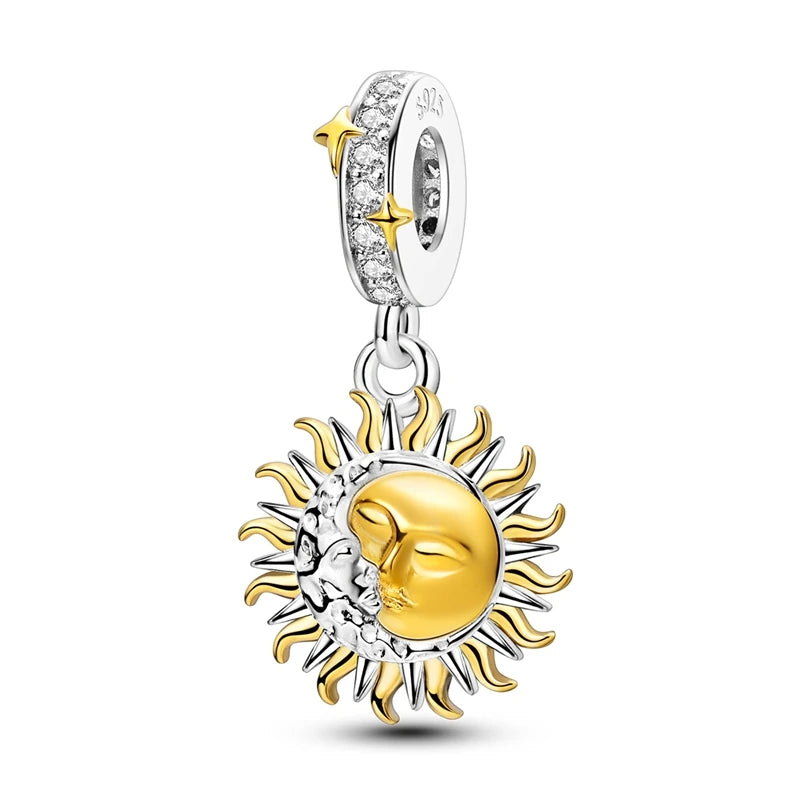 New 925 Sterling Silver Two Tone Golden Sunflower Lucky Stars Charm Fit Bracelet & Necklace Sun Moon Diamond Charm Jewelry DIY