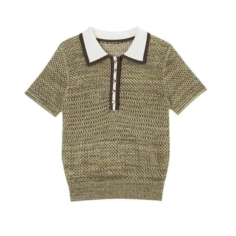 Korean Fashion Niche Design Sense Flip Collar Contrasting Color Top for Women 2025 Summer New Short Sleeved Pullover Trend