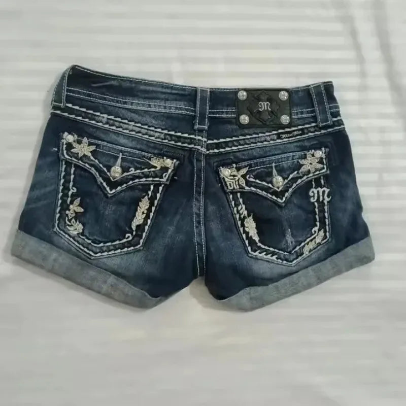British and American Retro Jeans Washed Shorts Women's Y2K New Harajuku Flower Embroidery Gothic Sexy Spice Mini Denim Shorts