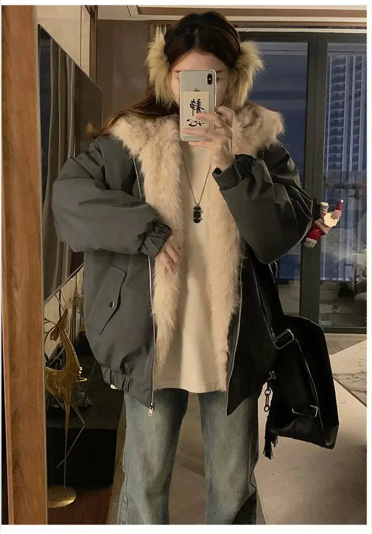 Double-Sided Warm Fur Coat Women Autumn Winter Loose Thicken Plush Cotton Coat 2025 New Women Hooded Imitation Mink Fur Outwear