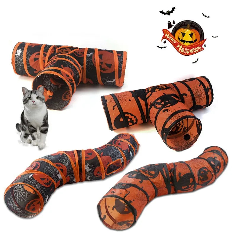 S/T Shape Halloween Print Pet Cat Tunnel Collapsible Hole Indoor Outdoor Tube Kitty Tunnel Cat Toy Space-Saving Cat Training Toy