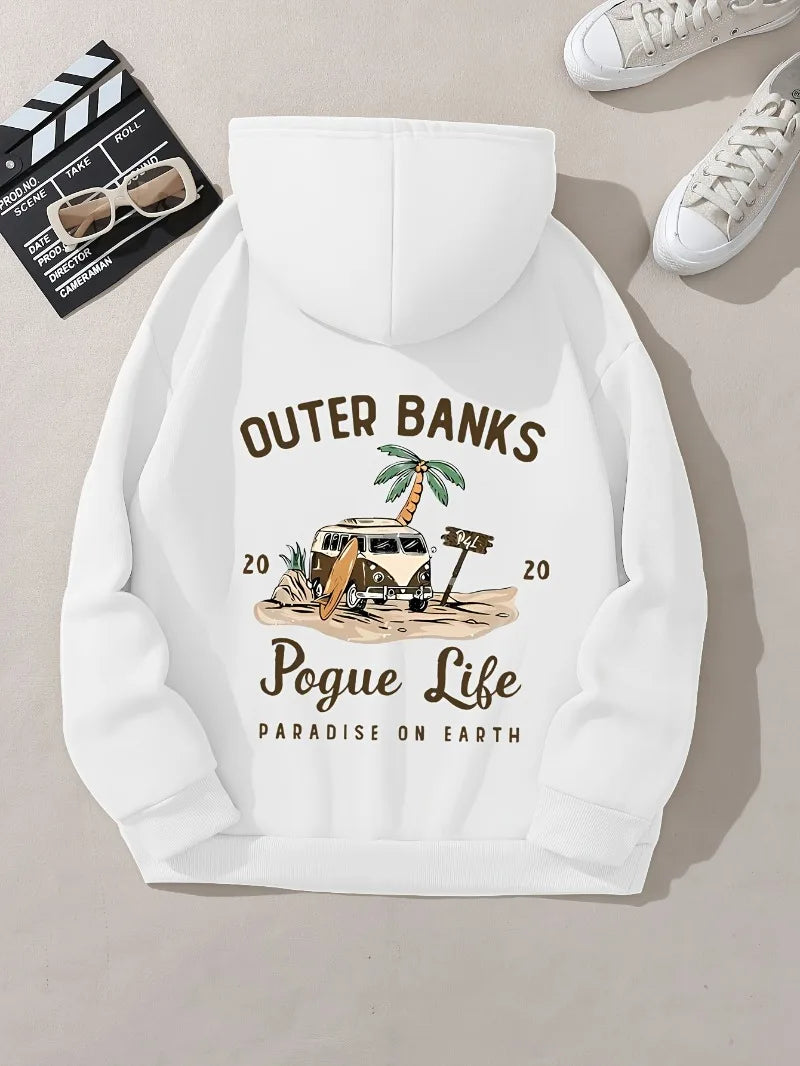 Cozy Hoodie Women's Casual Hoodie Outer Banks Pogue Life Letter Print Beach Graphic Kangaroo Pocket Cozy Autumn Apparel Trendy