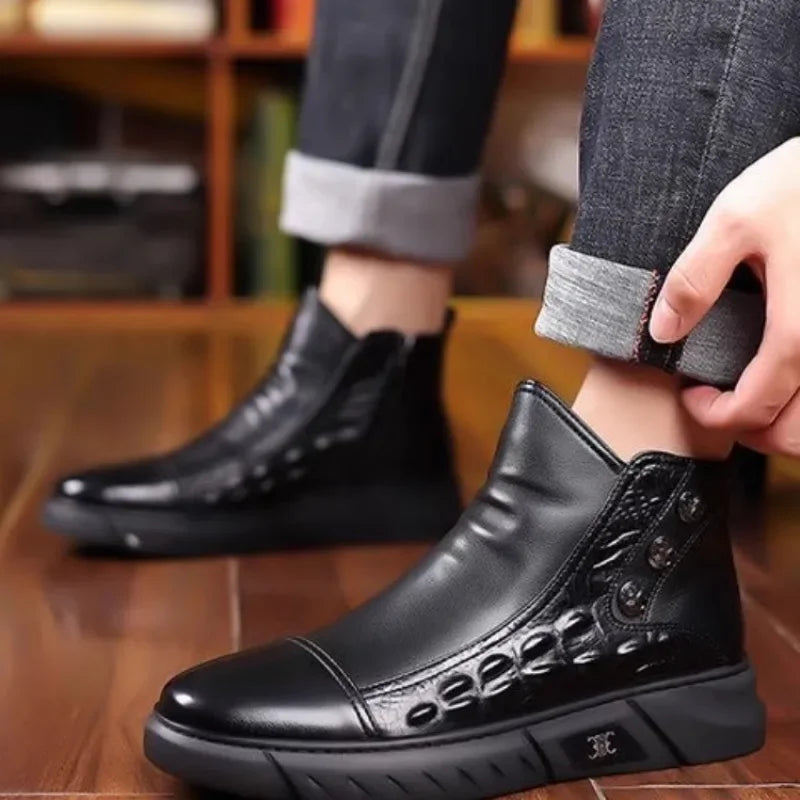 Luxury Men Boots Fashion High-top Platform Boot Classic Business Casual Leather Boots Winter Plush Warm Cotton Boots for Men2025