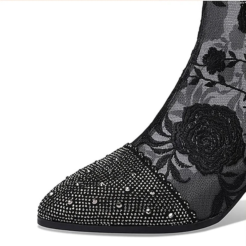 Luxury Crystal Pointed Toe Fashion Boots Women Thick Heel Zipper Ladies Party Shoes Black White Lace Mesh Sexy Female Ankle Boot