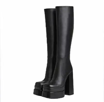 Mature Women Boots Mature Knight Boots Square Heel New Double Layered Water Platform Ultra High Heels Tall Boots Women Shoes