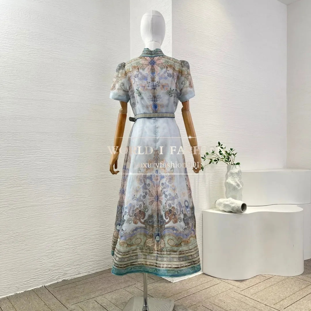 High Quality Blue Paisley Print Short Sleeve Stand Collar Midi Dress