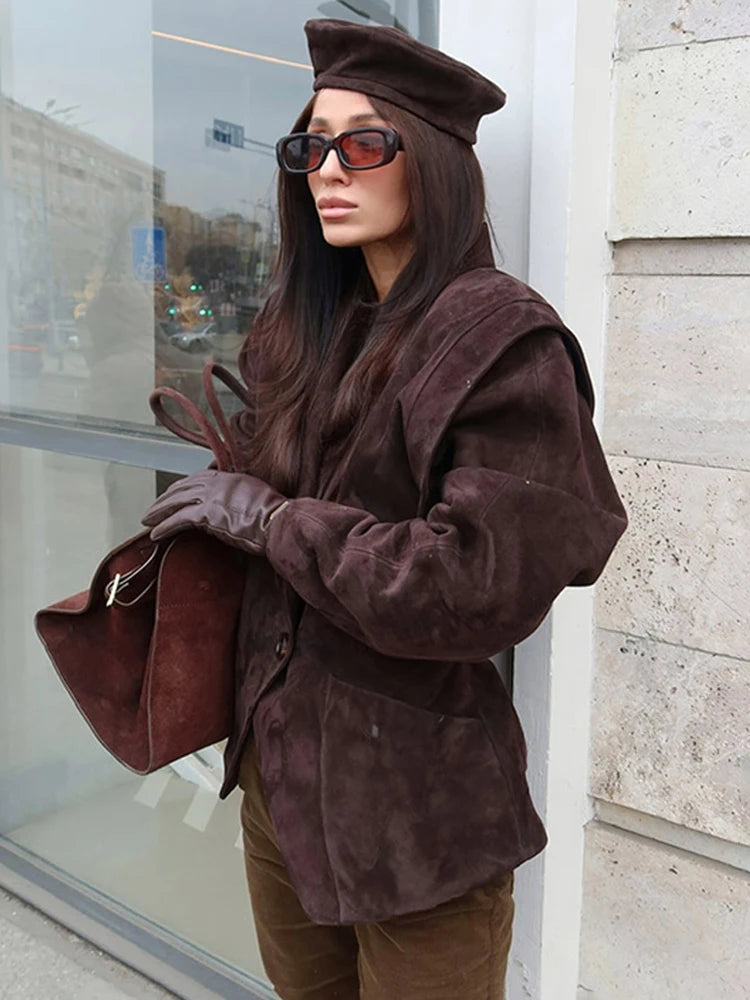 Talenza Vintage Brown Suede Jacket Women Fashion Solid V Neck Long Sleeve Pocket Lapel Single Button Coat Fashion Street Outwear