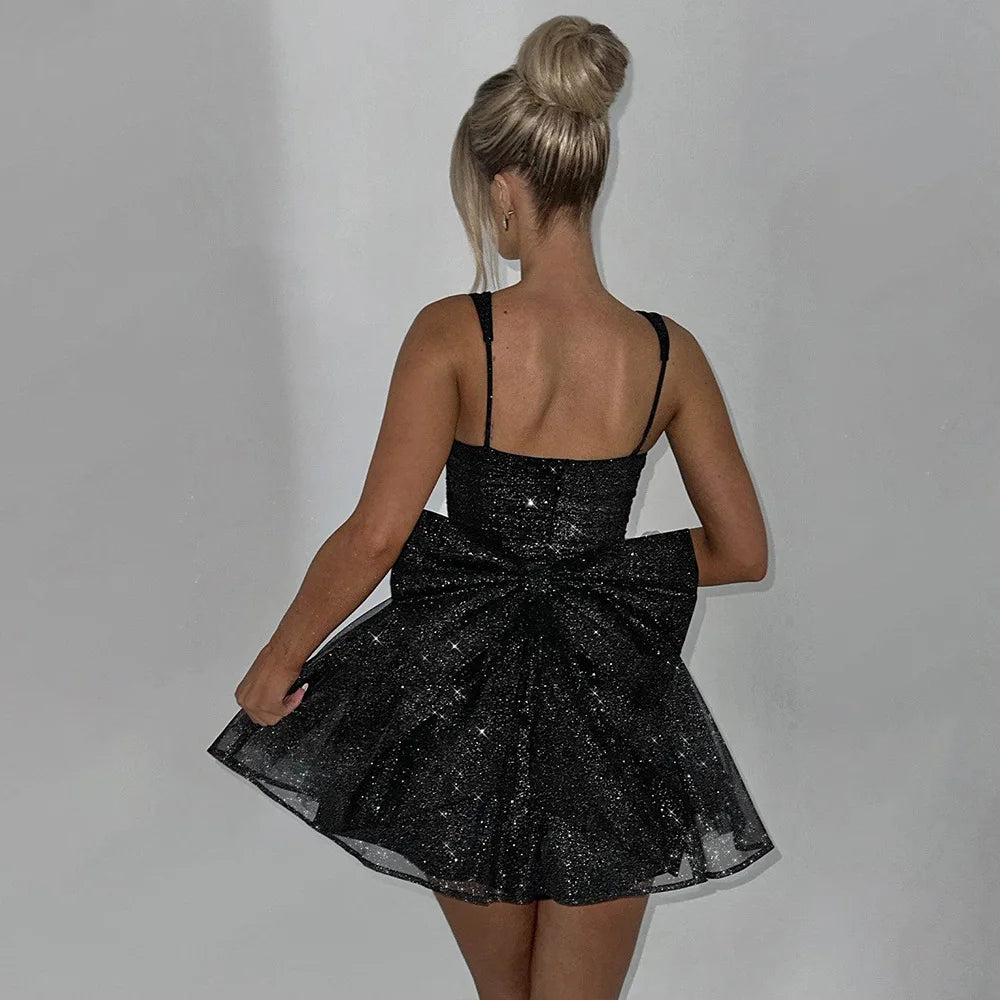 Articat Sexy Mesh Spaghetti Strap Double-layer Short For Women Elegant Sleeveless Backless Tight Shiny Bow Evening Dress 2025