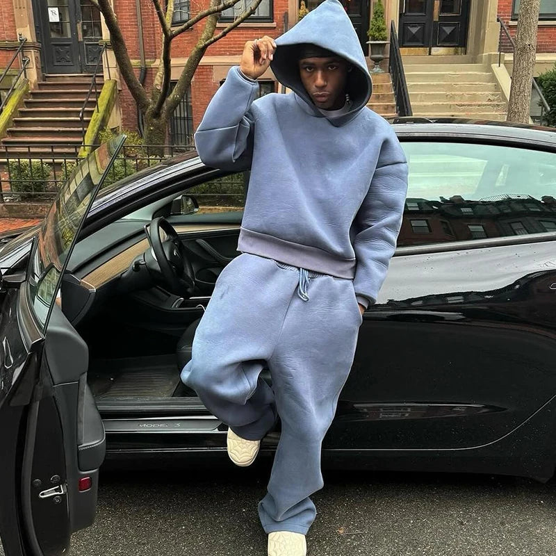 Casual Solid Hooded Pullover Straight Pants 2 Piece Set Tracksuit For Male Fashion Loose Hoodies Sweatshirt Wide Leg Sweatpants