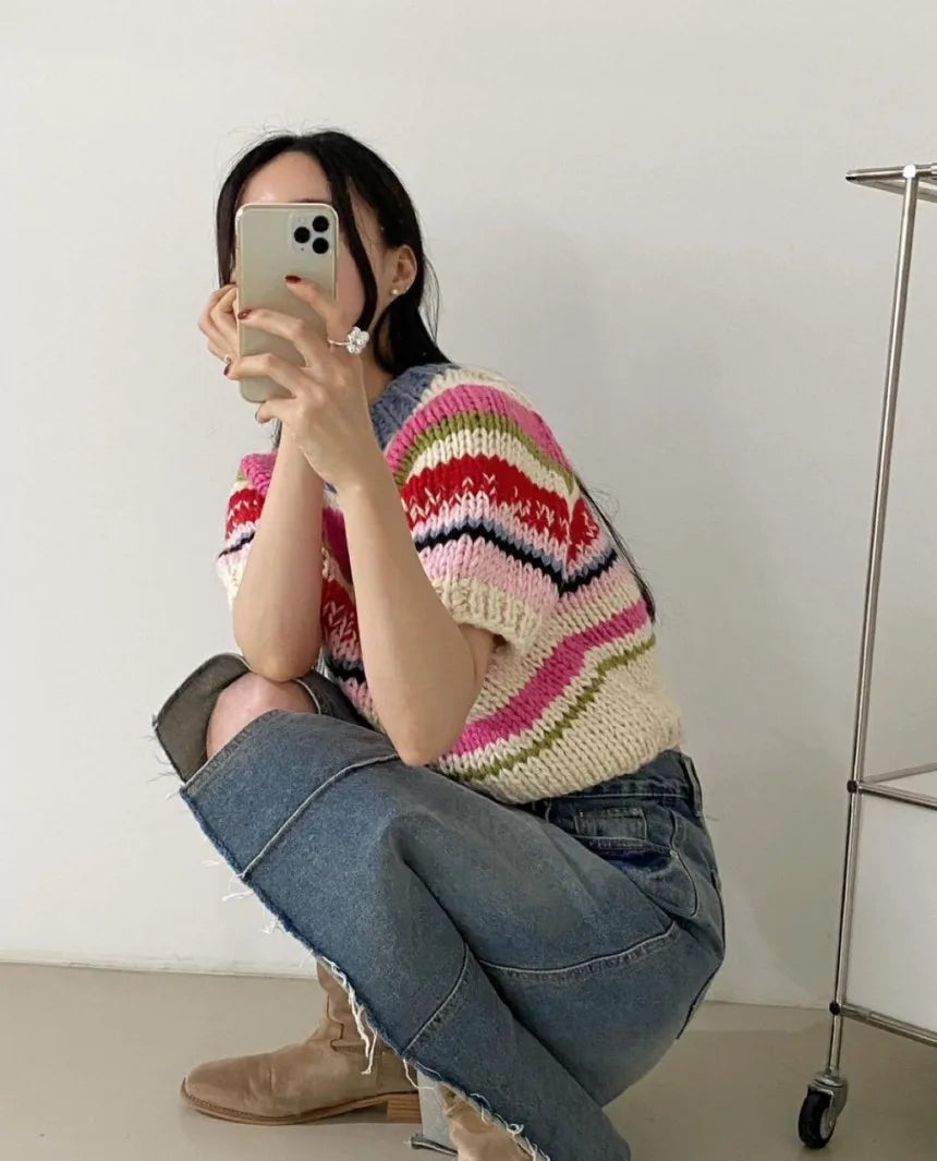 Chic Vintage Heavyweight Knitted Loose ort Sve Striped Sweater for Women Summer Collection oulder Sve