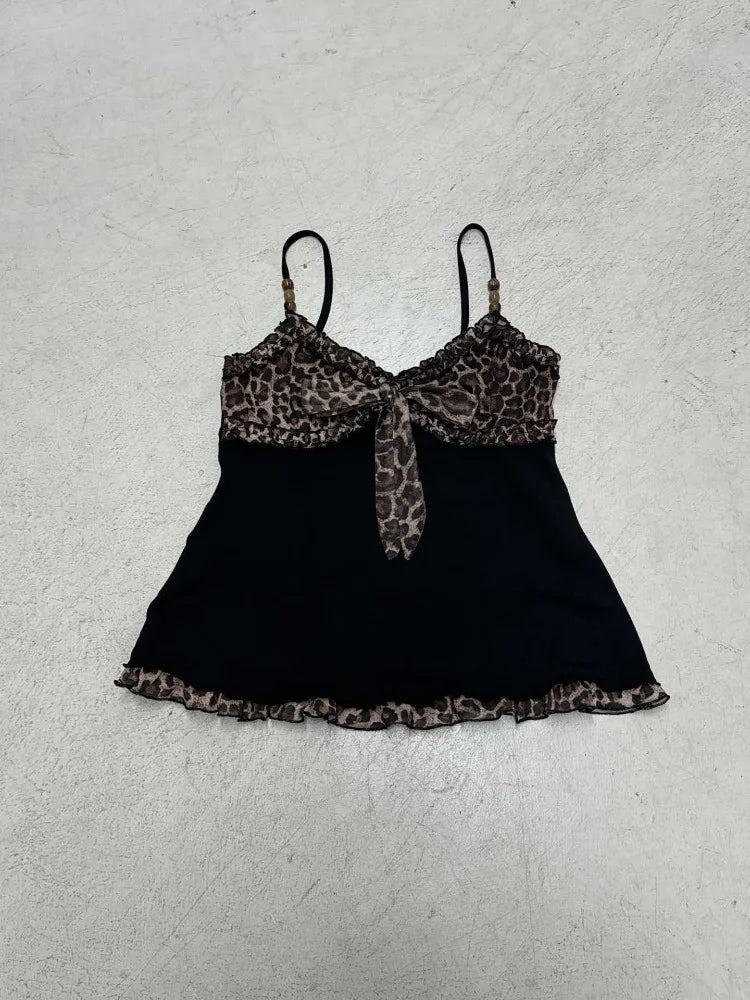 American Hotsweet Y2k Leopard Camisole Women Retro Streetwear E-girl 90s Dark Gothic Sexy Patchwork Lace-up Crop Tank Top Femme