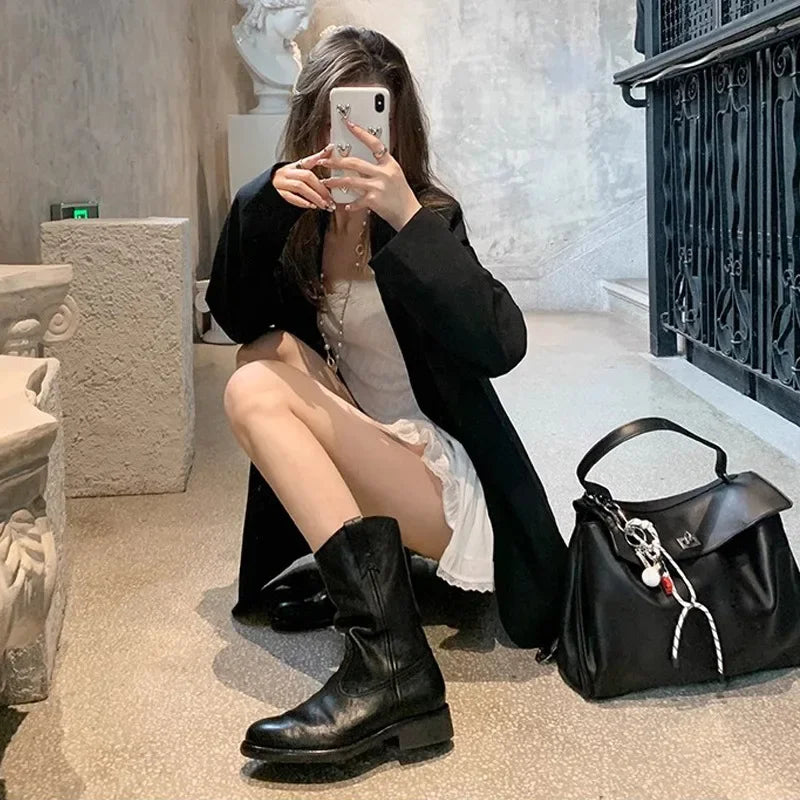 New Fashion Boots for Women Spring/Autumn Square Heel Female Mid-Calf Boots Ladies Slip-On Pointed Toe WESTERN Boots Women