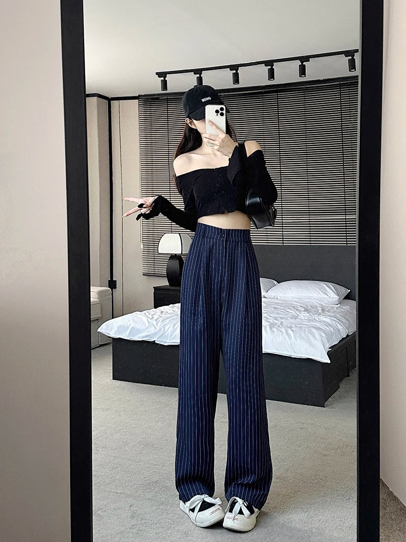 Slimming High Waist Trousers Women's Loose Striped Wide Leg Pants Korean Sle Commute Faion plus Size Long Trousers