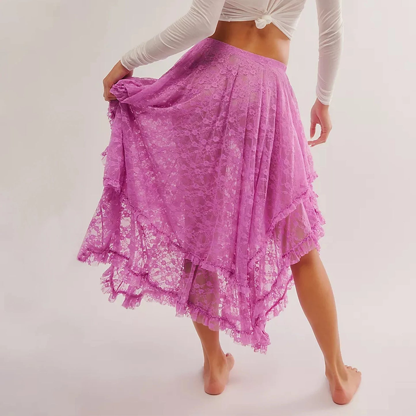Vintage Lace Flower Women Midi Skirts Elastic High Waist Skirts Spring Summer Chic Irregular Hem Casual Female Skirts