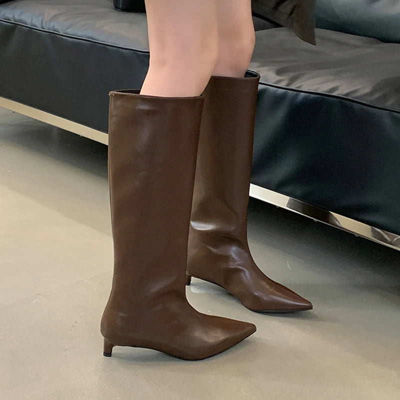 2025 Luxury Knee High Boots Women Wine Red Pointed Toe Kitten Heel Long Boots Wide Tube Bottes Santiags Femme Elegant Shoes