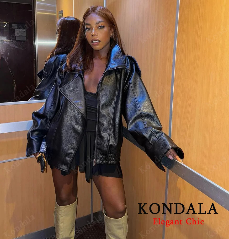 KONDALA Leather Zipper Jacket Women's Fall Winter Standing Collar Faux PU Jacket Coat 2025 Fashion High Street Ladies Y2K Jacket
