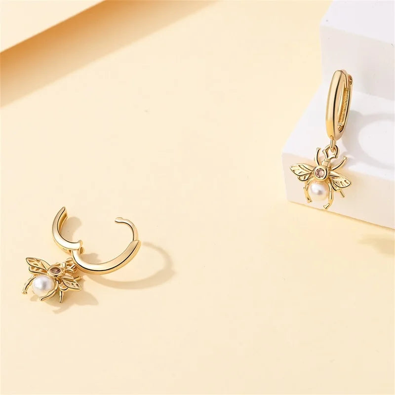 New in 925 Silver Color Gold Pearl Bee Irregularity Star Moon Earrings For Women 2024 Trending Fashion Jewelry Birthday Gifts