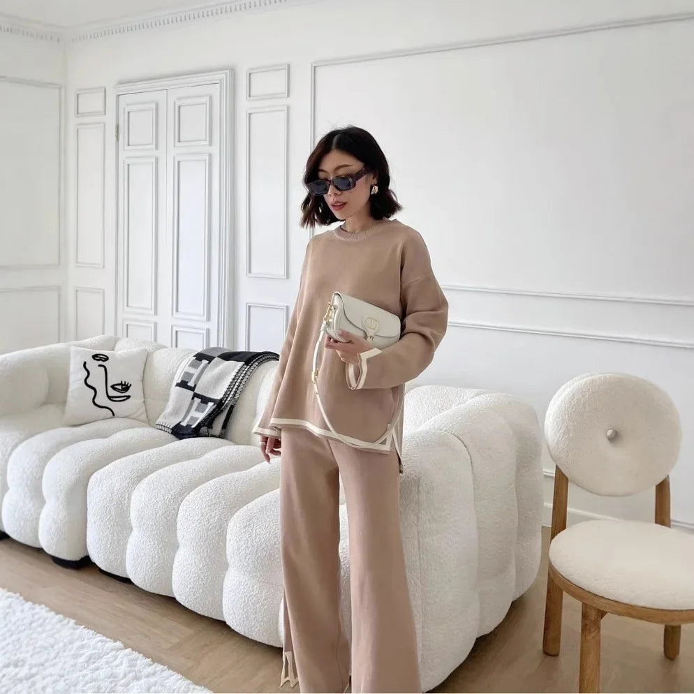 2024 Autumn Collection Elegant Color Blocking Side Slit Long Sleeve Knitted Top High-Waisted Slimming Bell Bottom Trousers Two-P