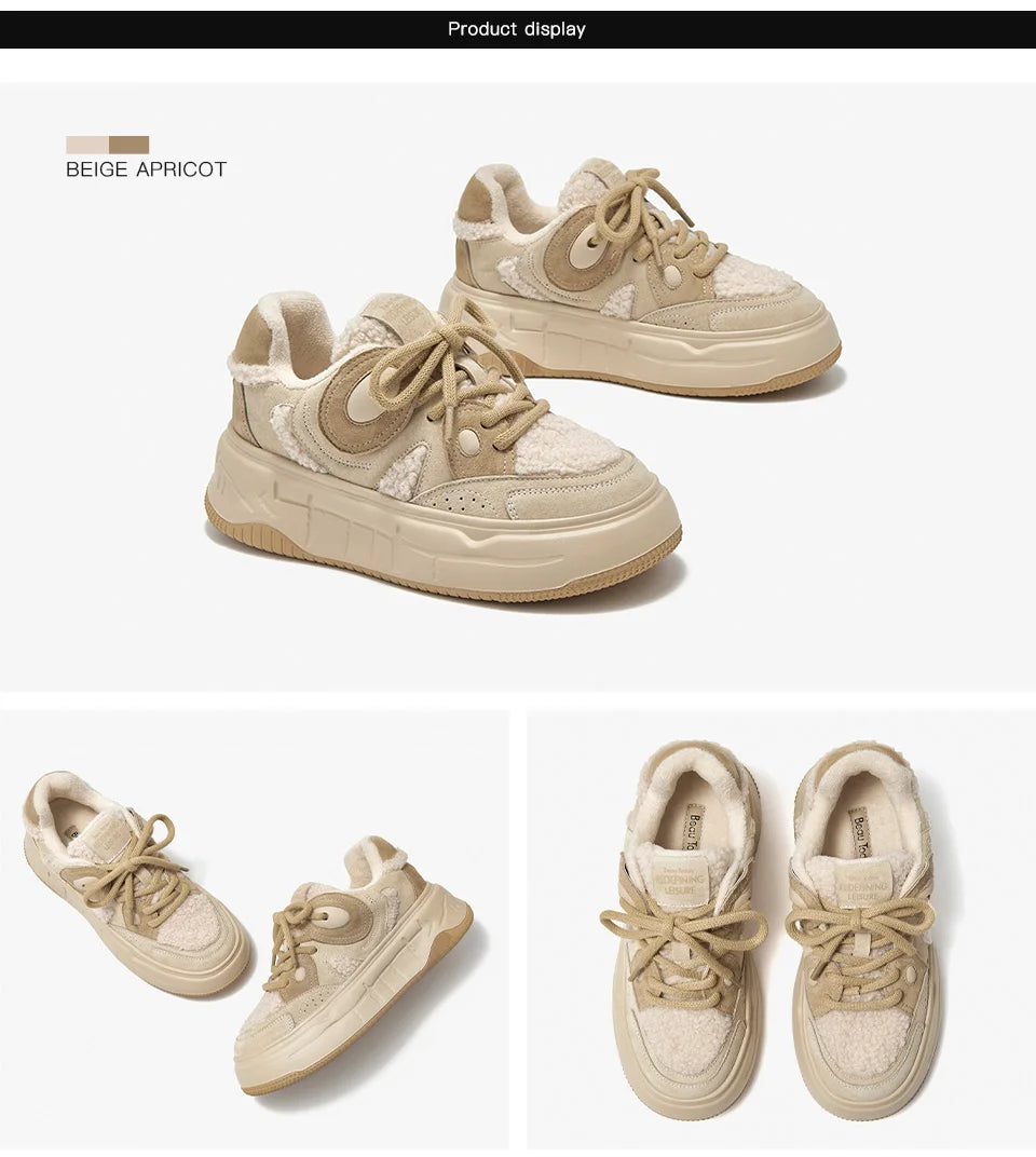 BEAUTODAY Furry Sneakers Women Suede Leather Mixed Colors Non-Slip Lace-up Warm Casual Winter Ladies Shoes Handmad MS1C003