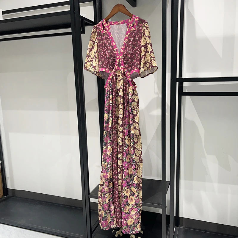 Waist Hollow out Women's Long Dress Deep V Short Sleeve 2025 Summer Lady Floral Printed Robe